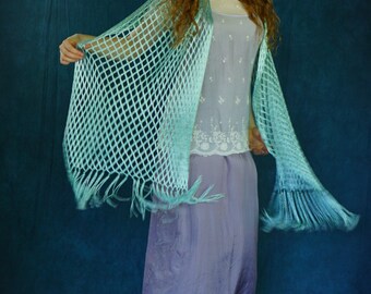 Sheer vintage fishnet shawl / soft misty glossy green fringed mermaid Stevie Nicks dreamy witchy gothic hippie oversize wrap