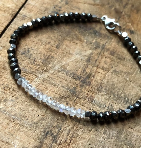 Rainbow Moonstone & Black Pyrite Ombré Bracelet, Polished Rainbow Moonstone, Black Pyrite Bead, Crystal Healing Bracelet, Female Energy