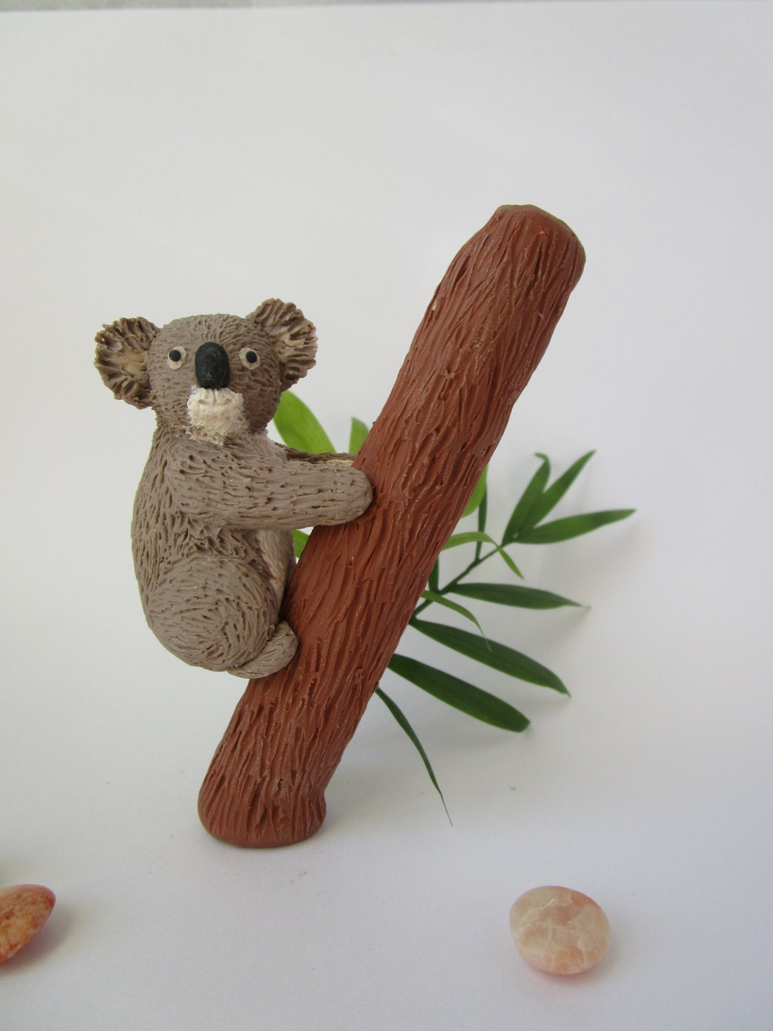 Polymer Clay Koala Bear on Branch Miniature Gray Koala Bear