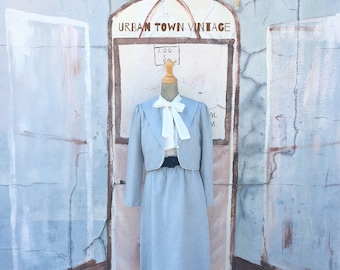 Vintage Light Blue Ascot Neck Dress/Jacket Set (Size Medium/Large)