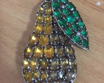 Rhinestone Pear Brooch Signed Czechoslovakia