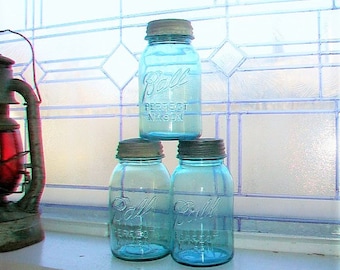 3 Vintage Blue Ball Perfect Mason Jars Quart 1923 to 1933