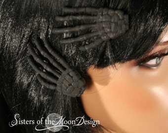 Shadow Skeleton hands hair clips with painted back pair halloween costume barrette -- Sisters of the Moon
