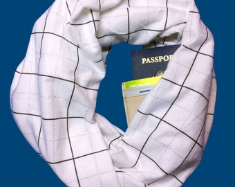 Gridwork | White & Gray Flannel Plaid Infinity Scarf With Hidden Pocket