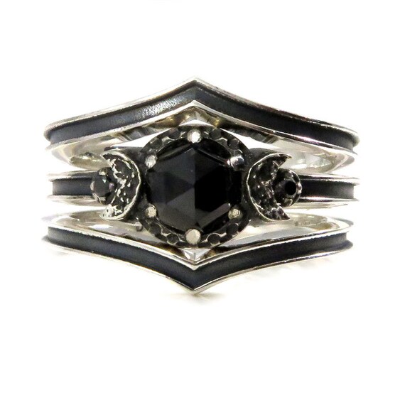 Black Silver Midnight Moon Engagement Ring Set - Rose Cut Black Spinel and Black Diamonds - One or Two Side Bands