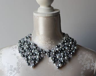 Beaded collar necklace white grey graphite pearls beads pointed shape detachable removeable accessories for women peter pan collar elegant