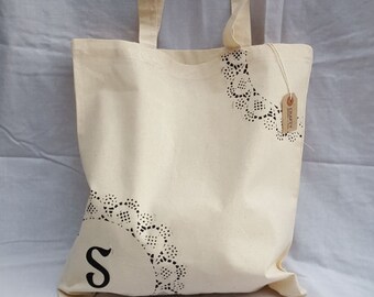 Personalised Initial Natural Cotton Tote Shopping Bag With Handmade Black Stencil Design Reusable Eco Friendly Shopper Farmers Market Bag