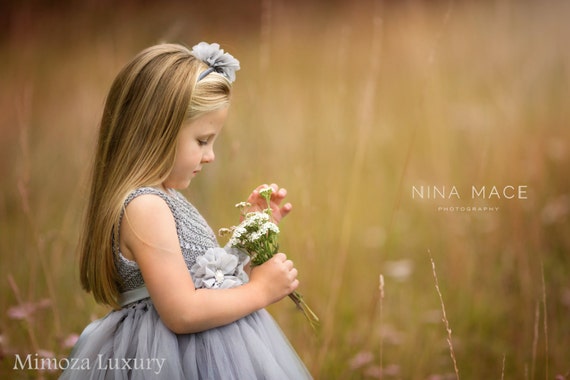 Silver Gray Grey Flowergirl dress, tutu dress, bridesmaid dress, princess dress, silk crochet top tulle dress, hand knit silk top tutu dress