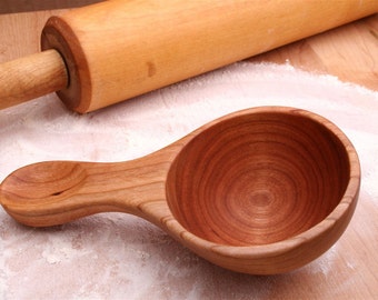 Hand carved wooden half cup measure measuring spoon kitchen utensil of Cherry wood