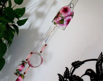 Glass Wind Chime, Recycled wine bottle wind chime, Flowers, Pink and Burgandy flowers, Sun catcher, yard art, House warming gift