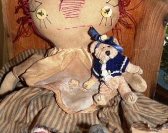 Primitive Raggedy Ann, Rag Doll, Raggedy, Teddy Bear, Primitive Decor, Prims, Primitive Doll, Prim Decor, Prim Doll, Annie Doll, HAFAIR