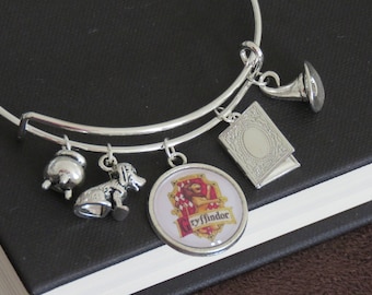 Harry Potter Gryffindor Themed Charm Bangle Bracelet With Book of Secrets and House Patronus