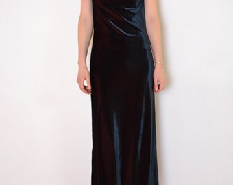 90's two tone velvet maxi dress, navy blue and burgundy red velvet long dress, minimalist slit grunge dress, vintage velvet dress medium