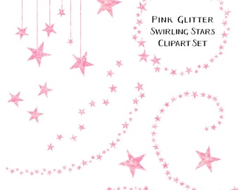 Sparkling Pink Blush Glitter Star Clipart, Swirling Stars Clip Art, Instant Download, Commercial Use Glitter Clipart