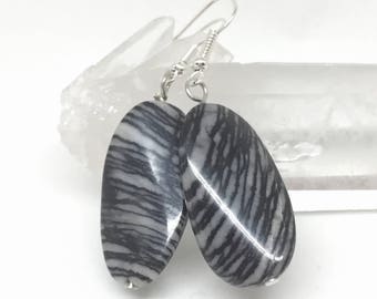 Picasso jasper earrings, jasper jewelry, jasper earrings, semi precious stone earrings, black grey earrings, oval earrings, Picasso marble