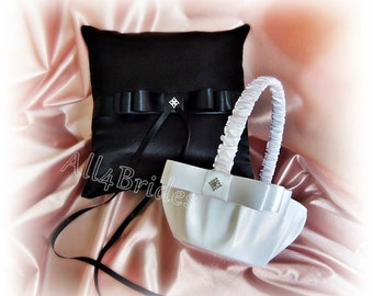Wedding ring pillow and basket, black and white ring bearer pillow and flower girl basket set. Black and white wedding decorations.