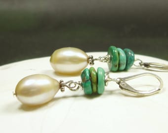 Light Gold Pearl Turquoise Earrings/ Large Freshwater Teardrop Pearl/ Genuine Turquoise/ Sterling Silver Earrings