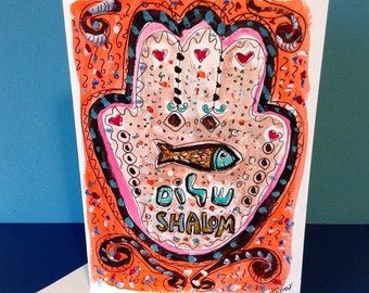 SHALOM Card, Hamsa Art Judaica, Hand Painted Jewish Cards, Hamsa Fish, HandPainted Card, Chamsa, Original Painting, Congratulations Card,