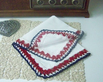Red White and Blue, American Handkerchief, Hanky, Hankie, Patriotic, Hand Crochet, Lace, Lacy, Ladies, Monogrammed, Personalized