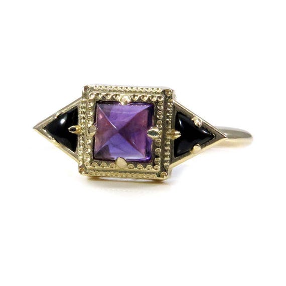 Amethyst and Onyx Tomb Memento Mori Ring - 14k Gold Mourning Jewelry
