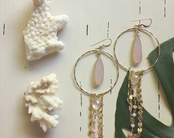 Rose Quartz Dangle Hoops