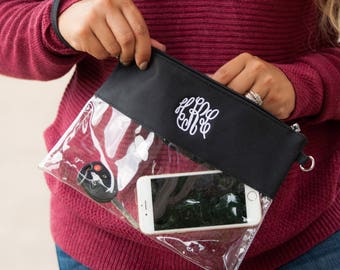 Monogrammed Clear Stadium Bag Zipper Zip Pouch Clutch Cosmetic Game Day Purse Strap