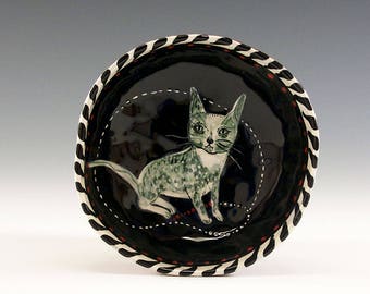 Cat Bowl - Original Painting by Jenny Mendes in a Hand Pinched Ceramic Finger Bowl