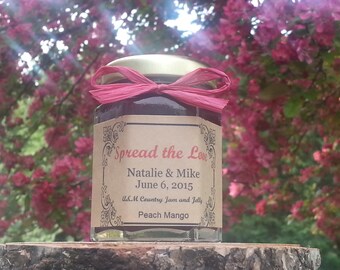 Wedding Jam Favors-- 50- 2 oz jars w/ Your Choice of Jam, Colored Raffia Ribbon & Custom Label.