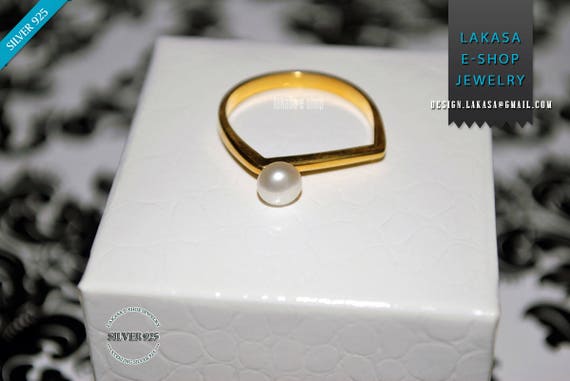 Freshwater Pearl Ring Sterling Silver Gold Handmade Jewelry Gift for her Birthday Girlfriend Excellent Woman Modern Square Minimalist Style