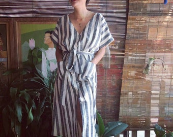 Loose linen dress , wraparound summer dress , jumper linen dress
