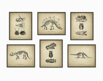 Dinosaur Print Set Of 6 - Dinosaur Skeleton - Prehistoric - Geology Student - Paleontology - Fossil Book Plate Illustration - Boys Bedroom