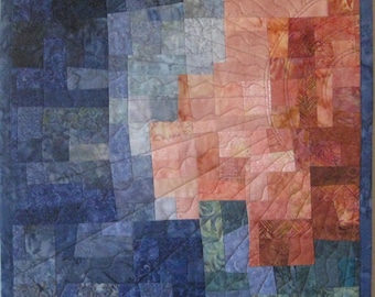Art Quilt Mosaic Peach Blue Sun, Quilted Wall Hanging, Abstract, Modern quilt