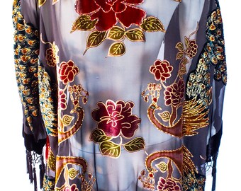 Vintage 70s Bohemian Sheer Velvet Print Kimono Open Front Jacket, Duster Kimono Jacket