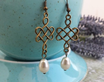 Boho earrings Chinese Knot Ivory pearls earrings Brass Drop Earrings Pearls earrings Bronze earrings
