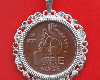 1972 Norway 1 Ore BU Uncirculated Coin 925 Sterling Silver Necklace NEW - Squirrel