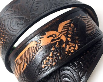 Eagle Tooled Leather Dog Collar, Custom Size To Fit Your Dog, Eco-Friendly Recycled Belt Leather Collar, Seattle Handmade, OOAK