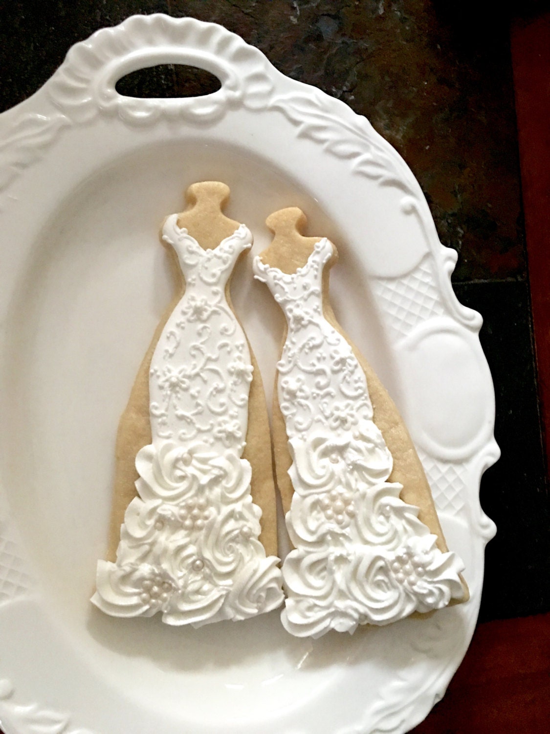 10 Lace, Rosette Ruffles, and Pearls Gown Cookies-Lace Wedding Dress