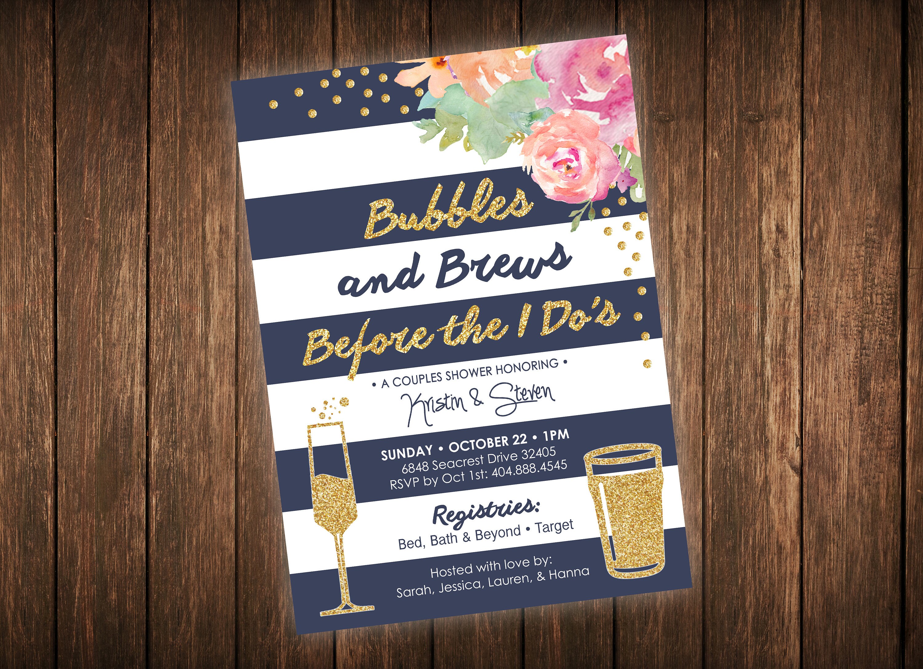 Bubbles and Brews Couples Bridal Shower Printable Invitation
