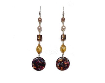 Earrings Brown, beige and gold - tone 9.5 cm