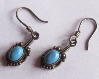 Vintage Sterling Silver Turquoise Southwestern Style Pierced Dangle Earrings