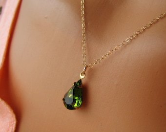Vintage Olivine Green Czech Glass Jewel Necklace 14K Gold Fill Jewelry