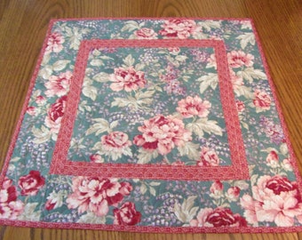 Quilted Teal and Pink Table Topper, Quilted Table Runner, Coffee Table, Shabby Chic, Floral Table Topper, Quilted Table Topper, Cottage Chic