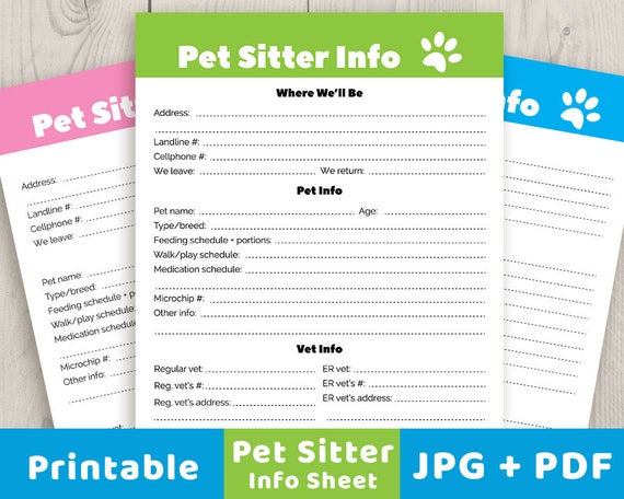 Pet Sitter Info Sheet Printable Pet Info Sheet Pet Sitter