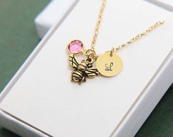 Honey Bee Necklace, Personalized Necklace, Initial Necklace, Birthstone Necklace, Tiny Honey Bee Necklace, Queen Bee Necklace, Mothers gift