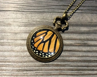 Monarch butterfly REAL insect jewelry Monarch wings Antique Gold Pocket watch vintage Monarch Butterfly necklace Curiosities and oddities