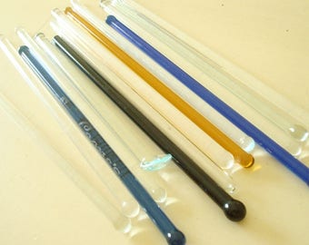 Vintage glass swizzle sticks, 14 cobalt, gold, black & clear handblown glass stir sticks, Leone's Restaurant, swanky barware, glass muddler
