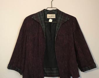 Darling early 60s burgundy open front Blazer with Plaid Trim