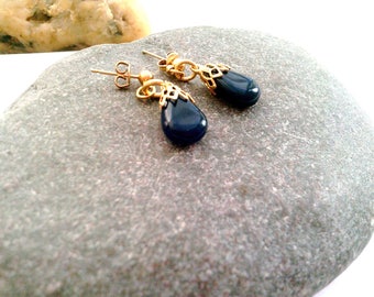 Iolite Earrings, Gold Plated Iolite Earrings, Blue Gemstone Earrings, Iolite Gemstone Drop