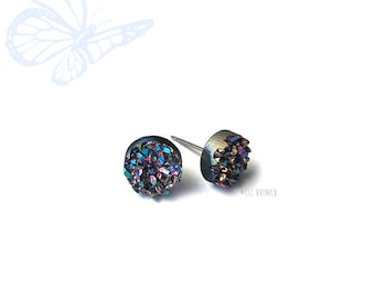 Glitter Stud Earrings, Midnight Rainbow Faux Druzy - Titanium Posts