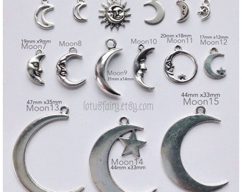 Moon charms, crescent moon pendant in silver, gold and bronze